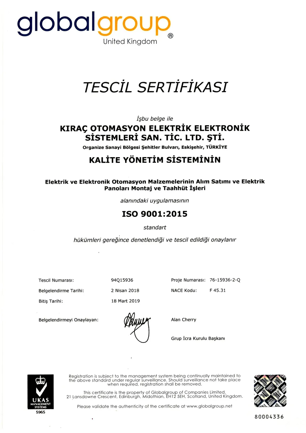 ISO 9001:2015 — Kalite Yönetim Sistemi
